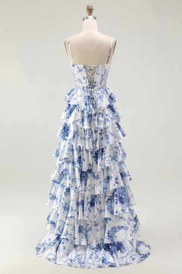 White Blue Floral Corset A Line Tiered Long Formal Dress with Slit